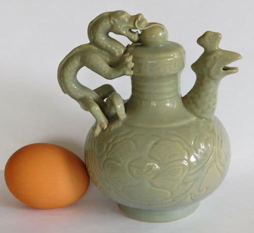 Celadon incense burner koro peacock dragon Chinese Oriental ceramic 14 cm